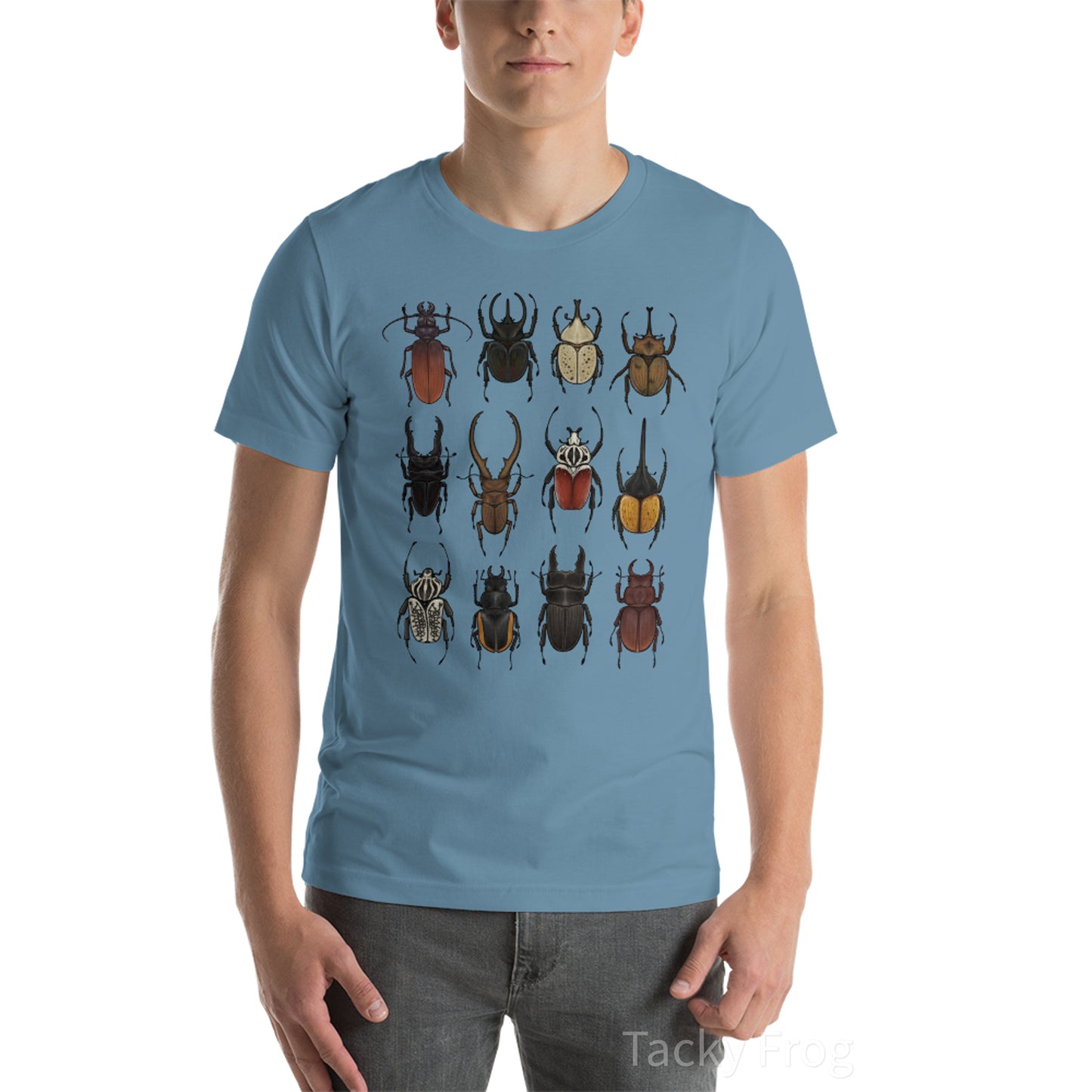 A mockup of the beetle unisex t-shirt in the color "Steel Blue".