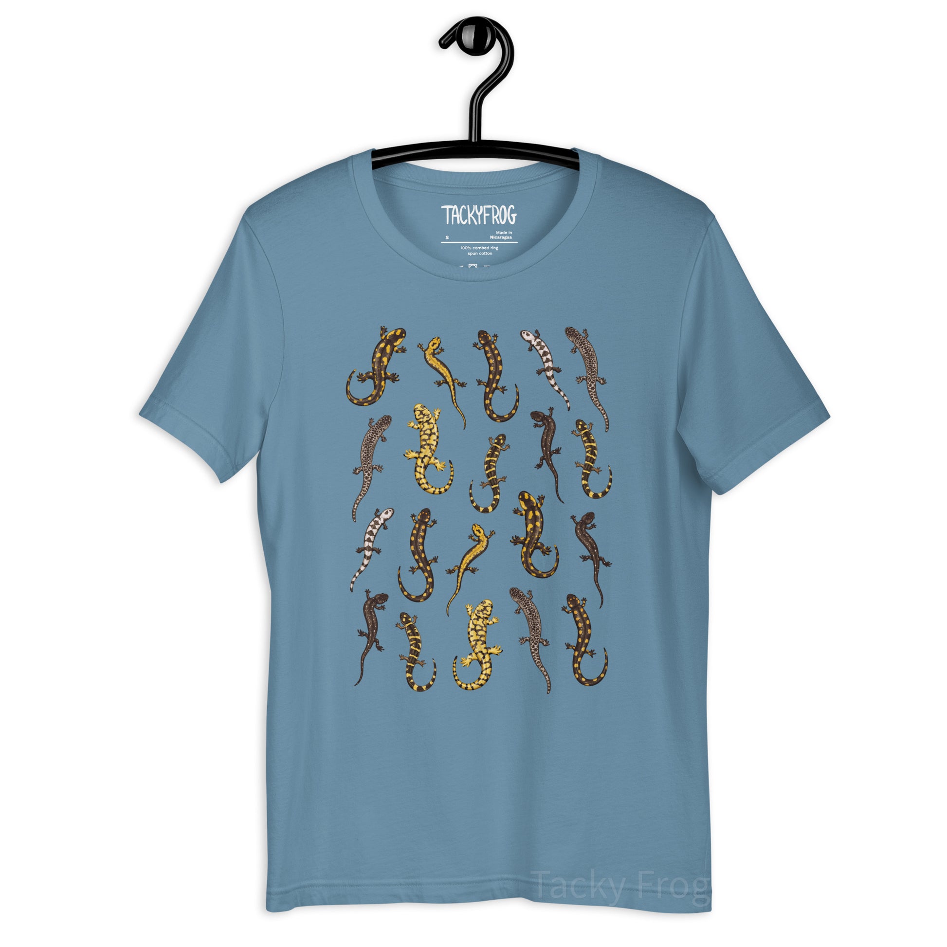 A mockup of the salamander t-shirt in the color "steel blue".