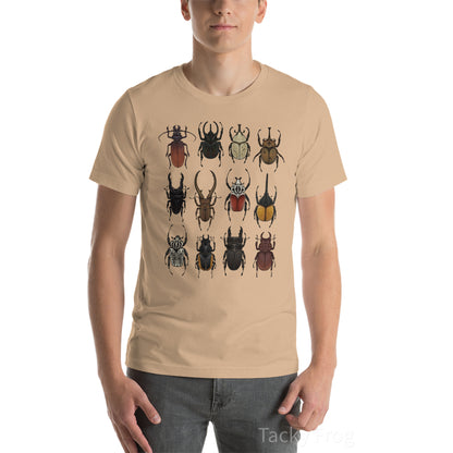 A mockup of the beetle unisex t-shirt in the color "Tan".