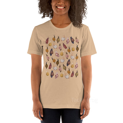 A mockup of the snail t-shirt in the color "tan".