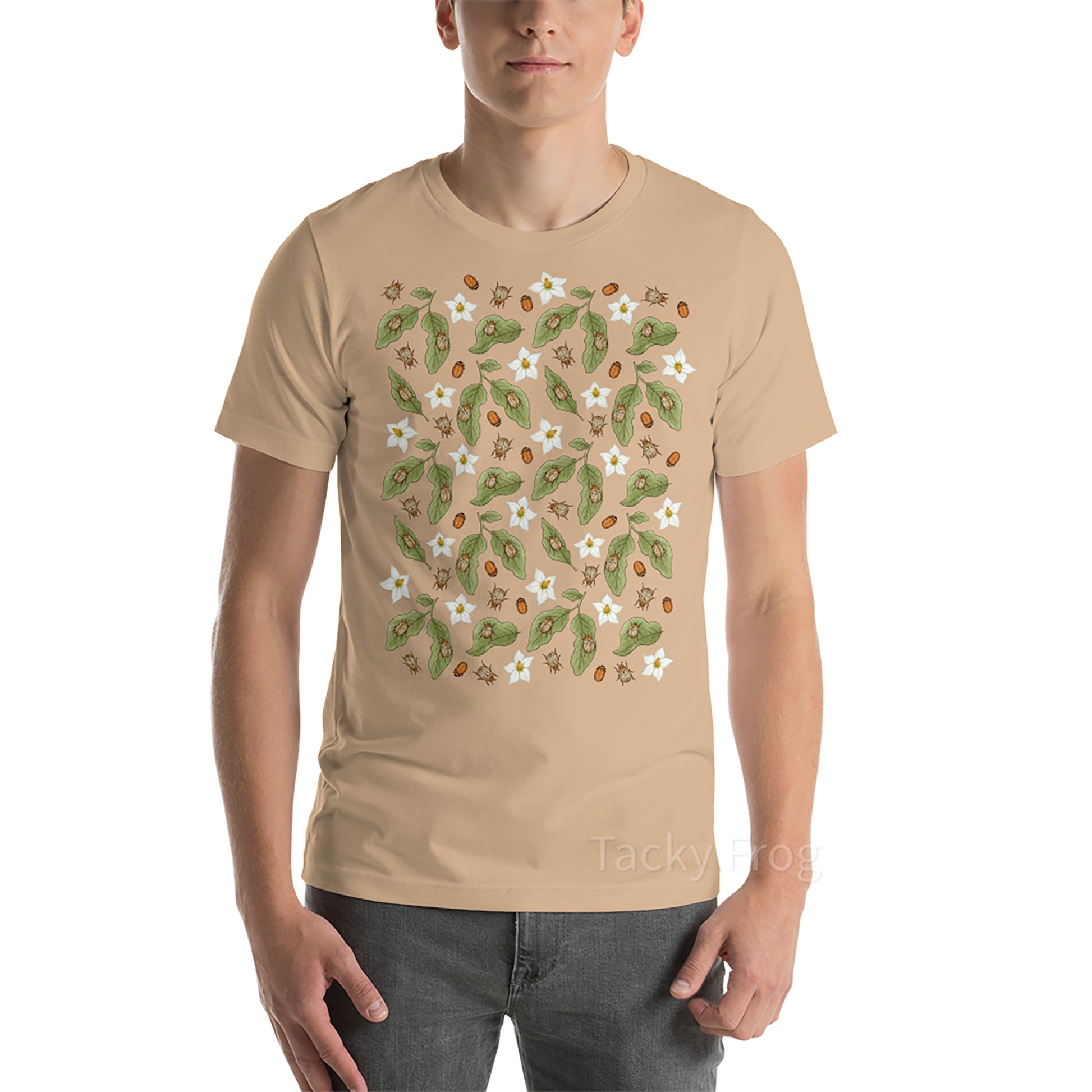 A mockup of the potato beetle shirt in the color "tan".