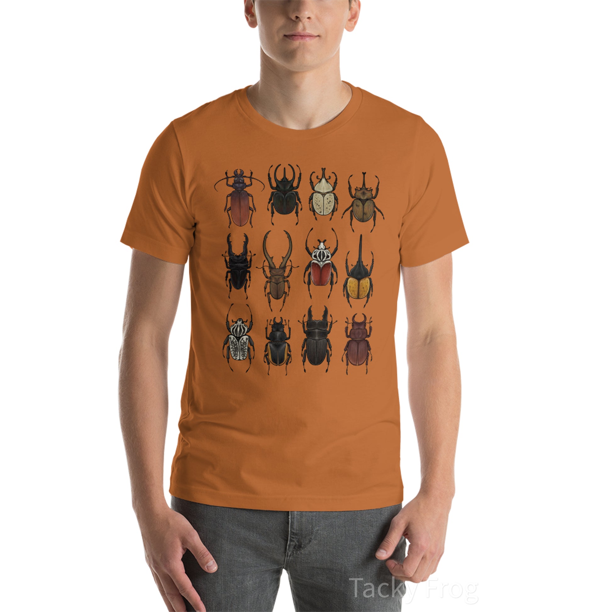 A mockup of the beetle unisex t-shirt in the color "Toast".