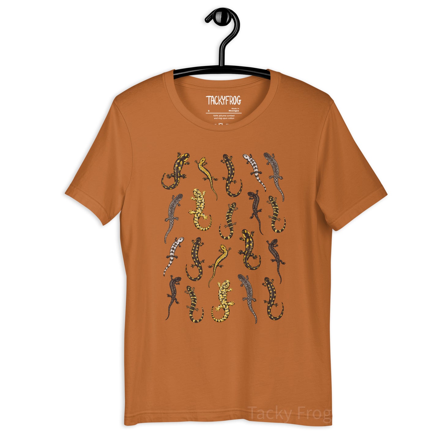 A mockup of the salamander t-shirt in the color "toast".