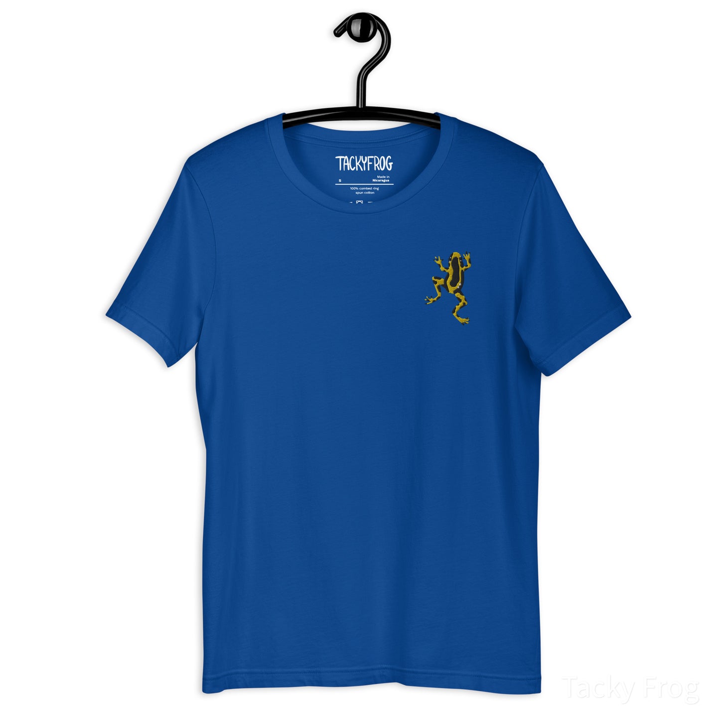 A mockup of the yellow dart frog embroidered shirt in the color "true royal".