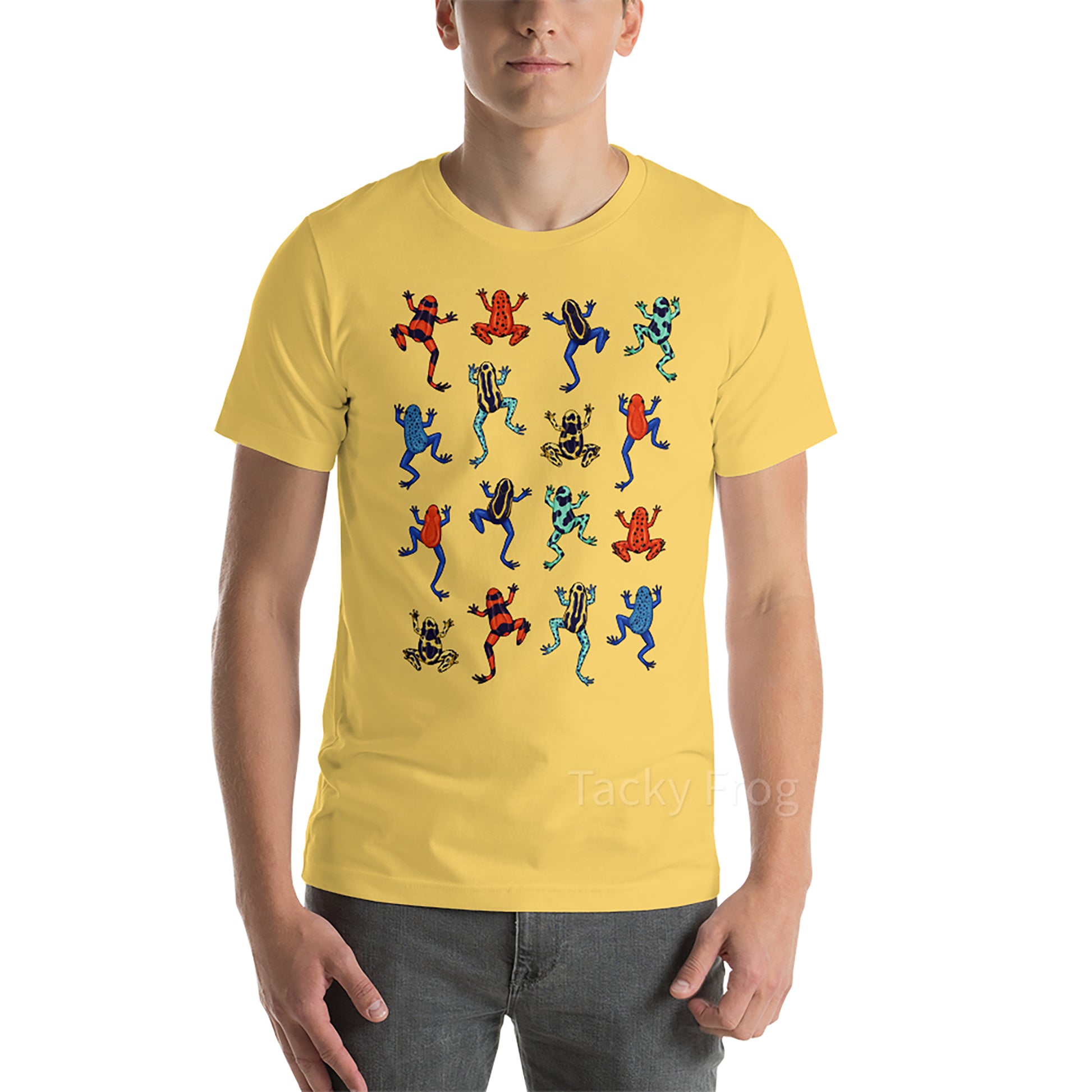 A mockup of the dart frog shirt in the color "yellow".