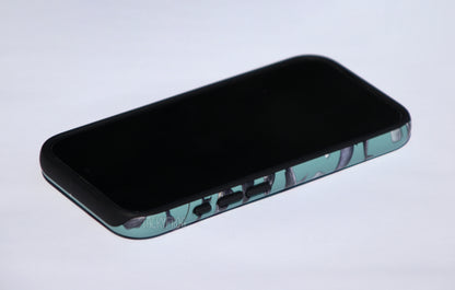 A blue whale-patterned phone case shown screen-side up.