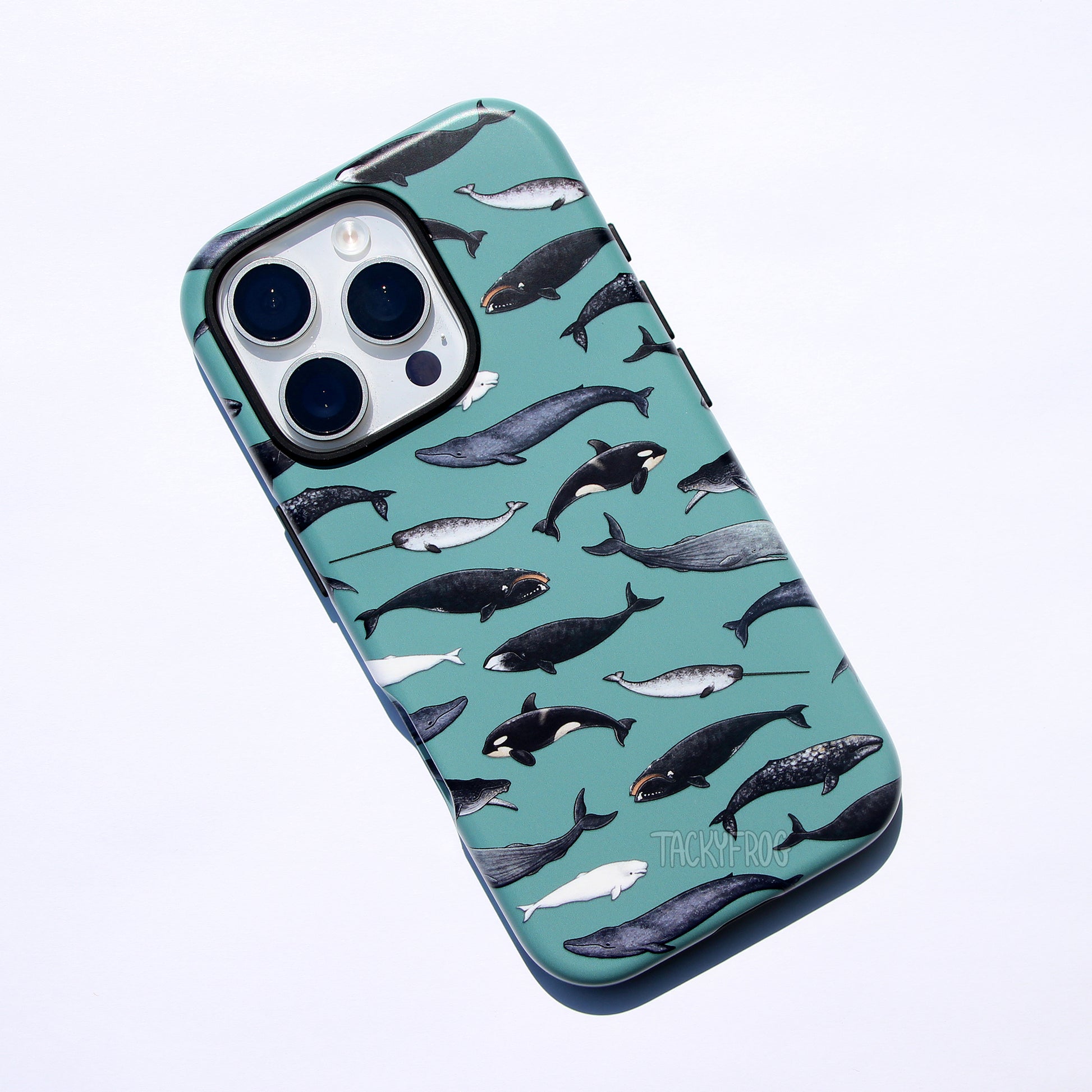 A muted teal phone case featuring a pattern of various whales.