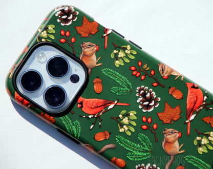 A close up of the pattern on the winter hike-inspired phone case. The inner layer of the case is solid black. It is visible around buttons and openings.