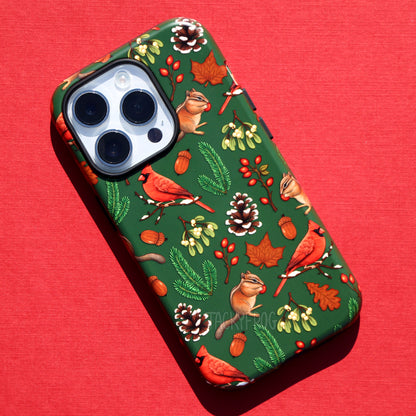 Another view of the winter hike-inspired pattern, this time against a red background.