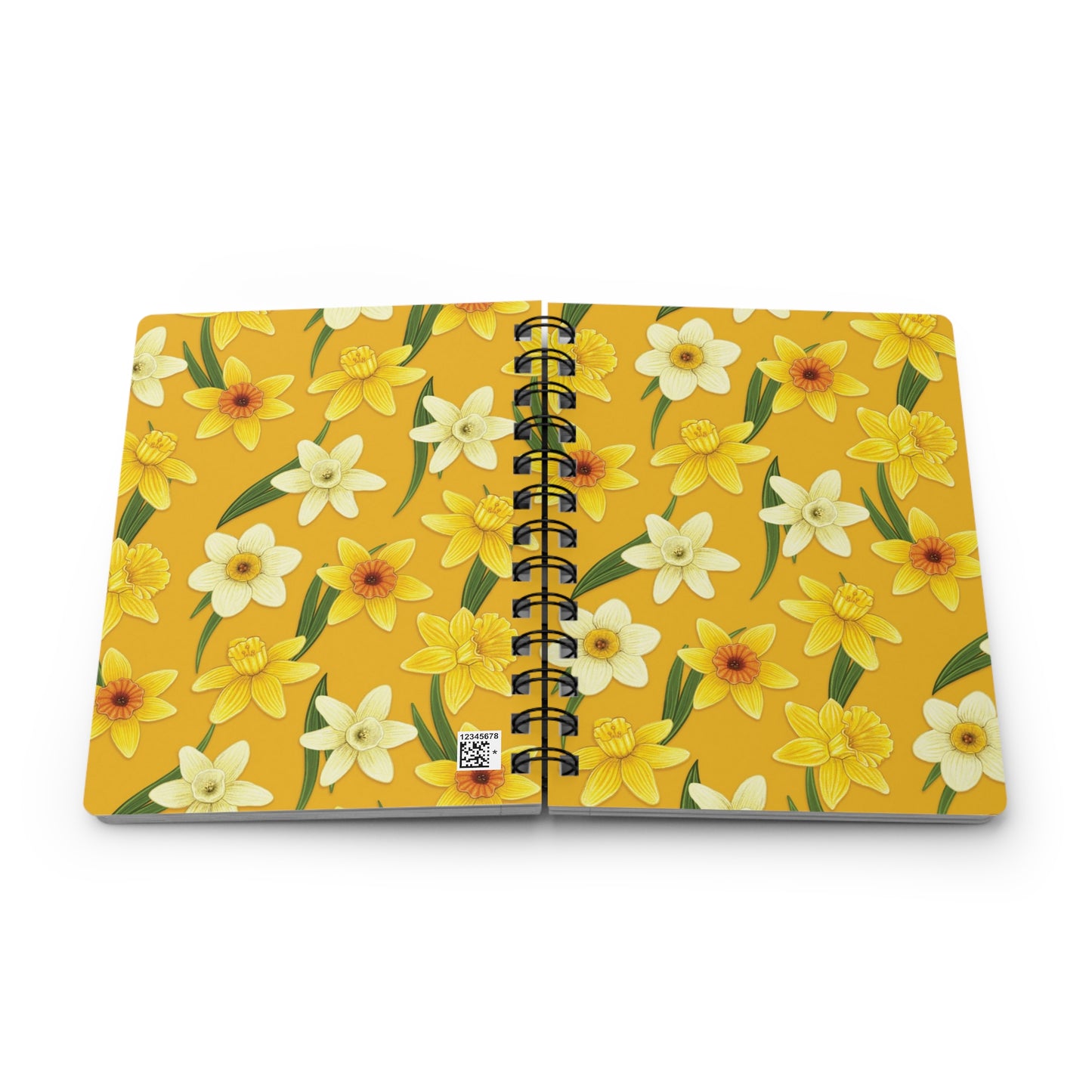 A mockup of the yellow daffodils mini notebook showing both covers. Please note there is a small QR code printed in the bottom right corner of the back cover.