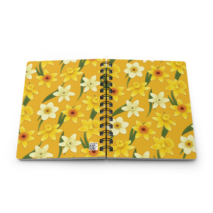 A mockup of the yellow daffodils mini notebook showing both covers. Please note there is a small QR code printed in the bottom right corner of the back cover.