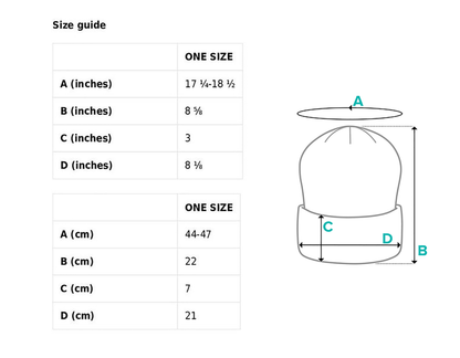 Size guide for one-size cuffed beanie.