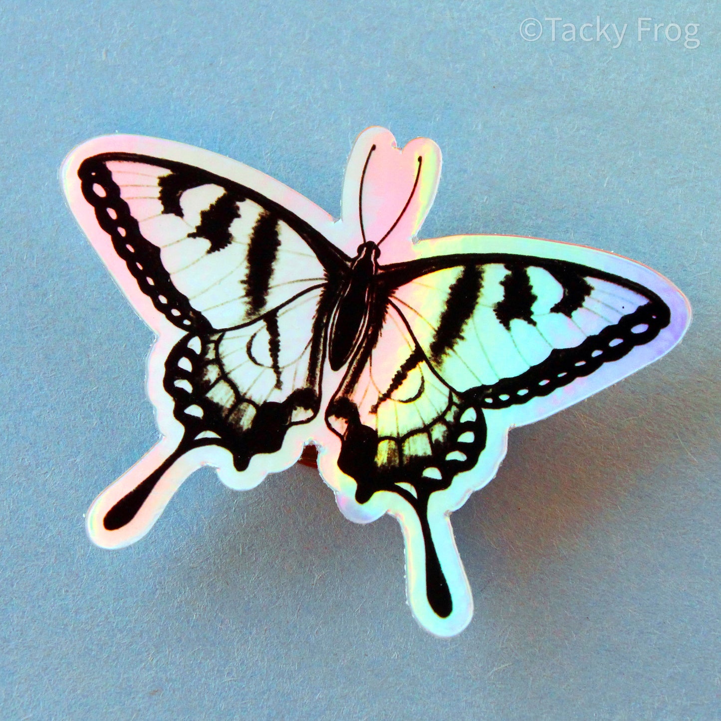 A holographic swallowtail butterfly sticker. The rainbow effect appears when it catches the light.