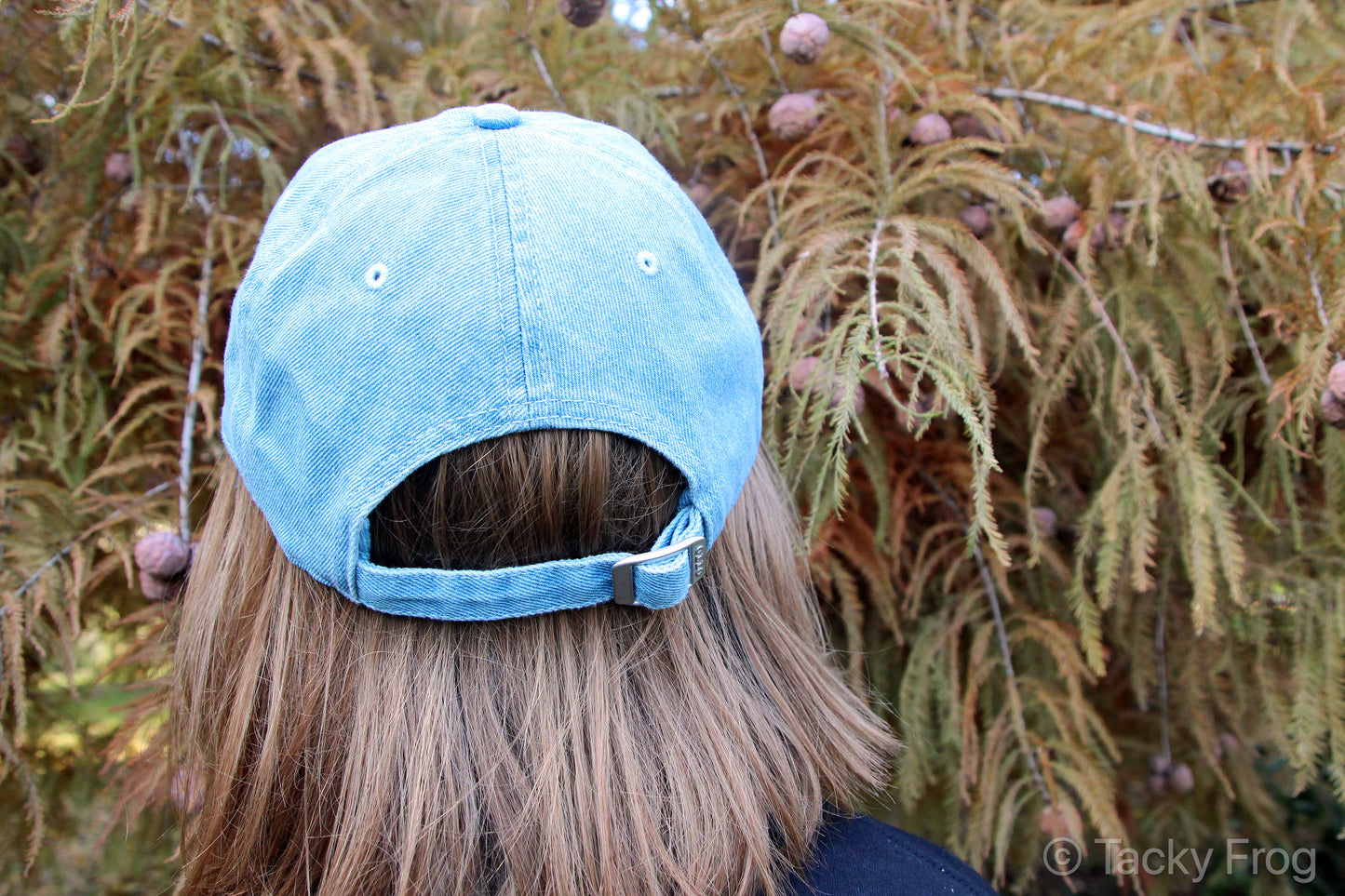 The back of a light blue denim baseball cap.