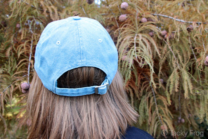 The back of a light blue denim baseball cap.