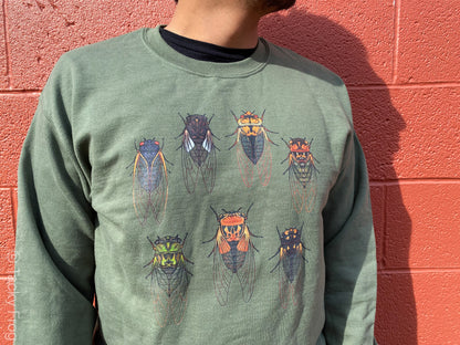 A green sweatshirt with cicadas on it.