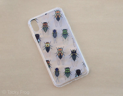 A clear phone case with a cicada pattern on it.