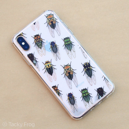 A clear phone case, shown on an iPhone, with a cicada pattern on it.