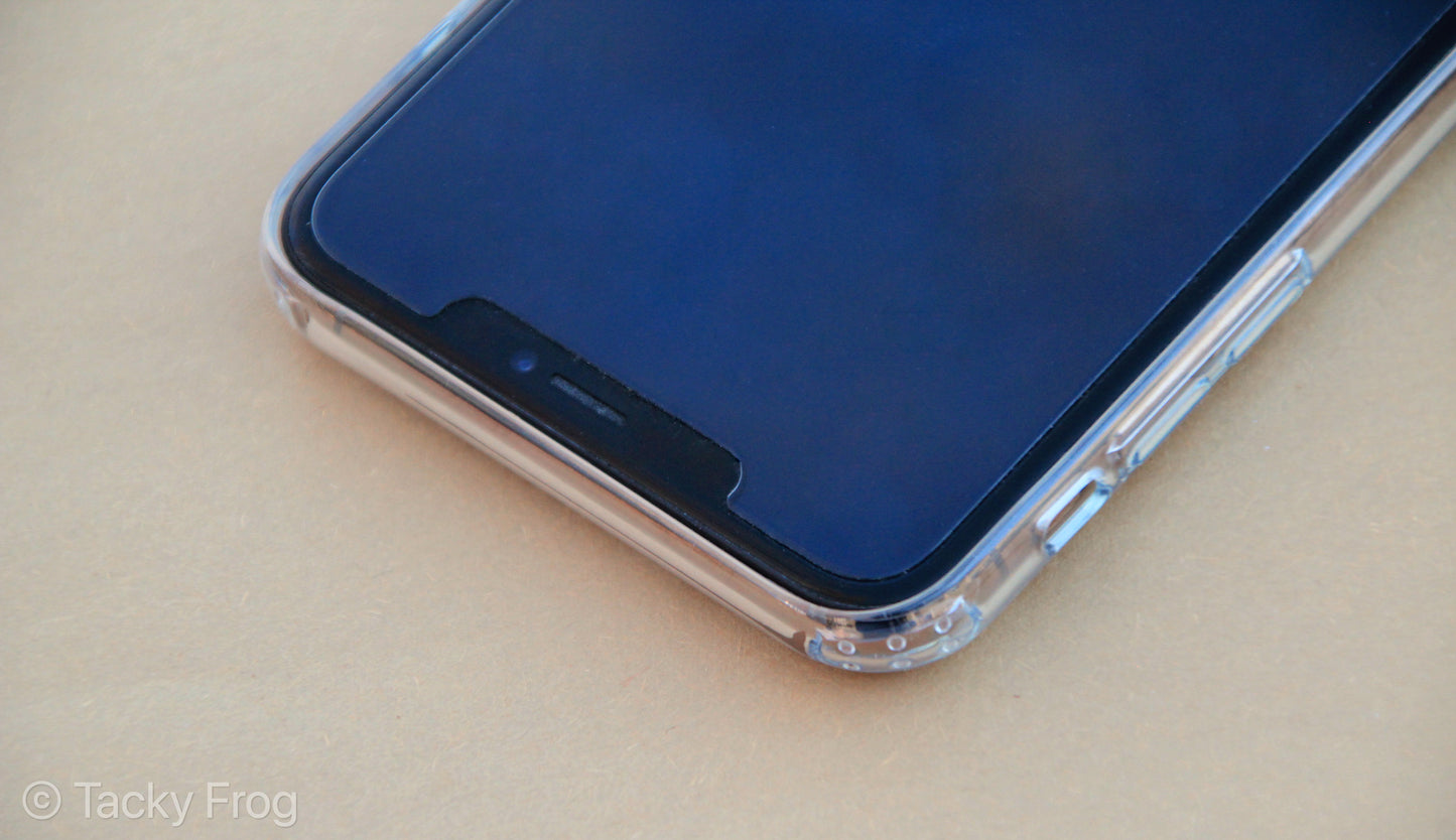 The clear phone case shown on an iPhone, screen-side up.