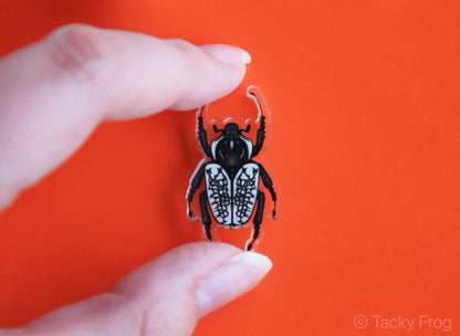 An acrylic pin of a Goliath Beetle held between two fingers.