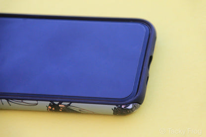 A phone case with a cicada pattern on it, shown screen-side up.