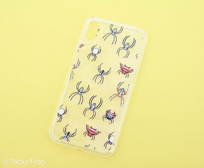 A clear phone case with a spider pattern design on it.