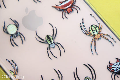 Close-up of the spider pattern clear phone case.