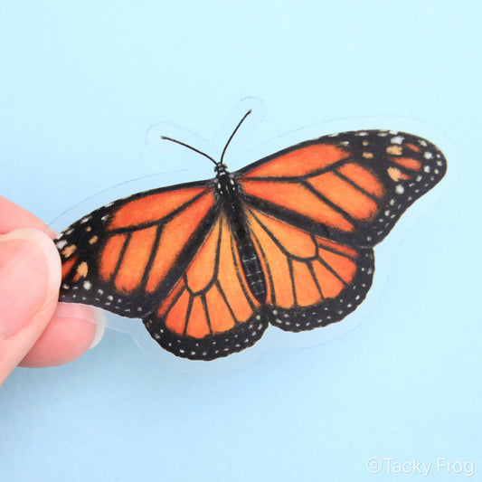 A clear monarch butterfly 3 x 2.72 inch sticker.