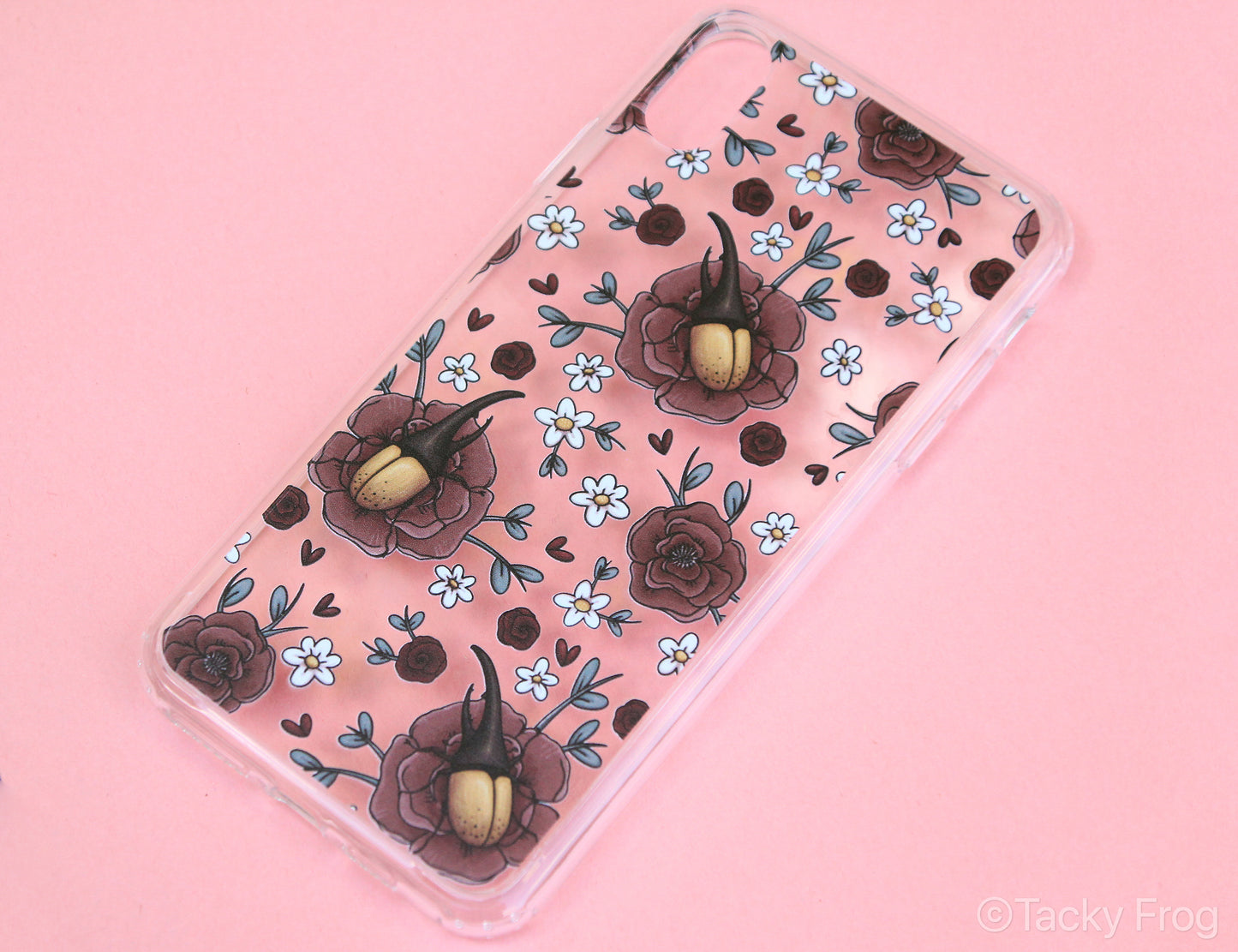 The clear Hercules beetle floral phone case on its own.