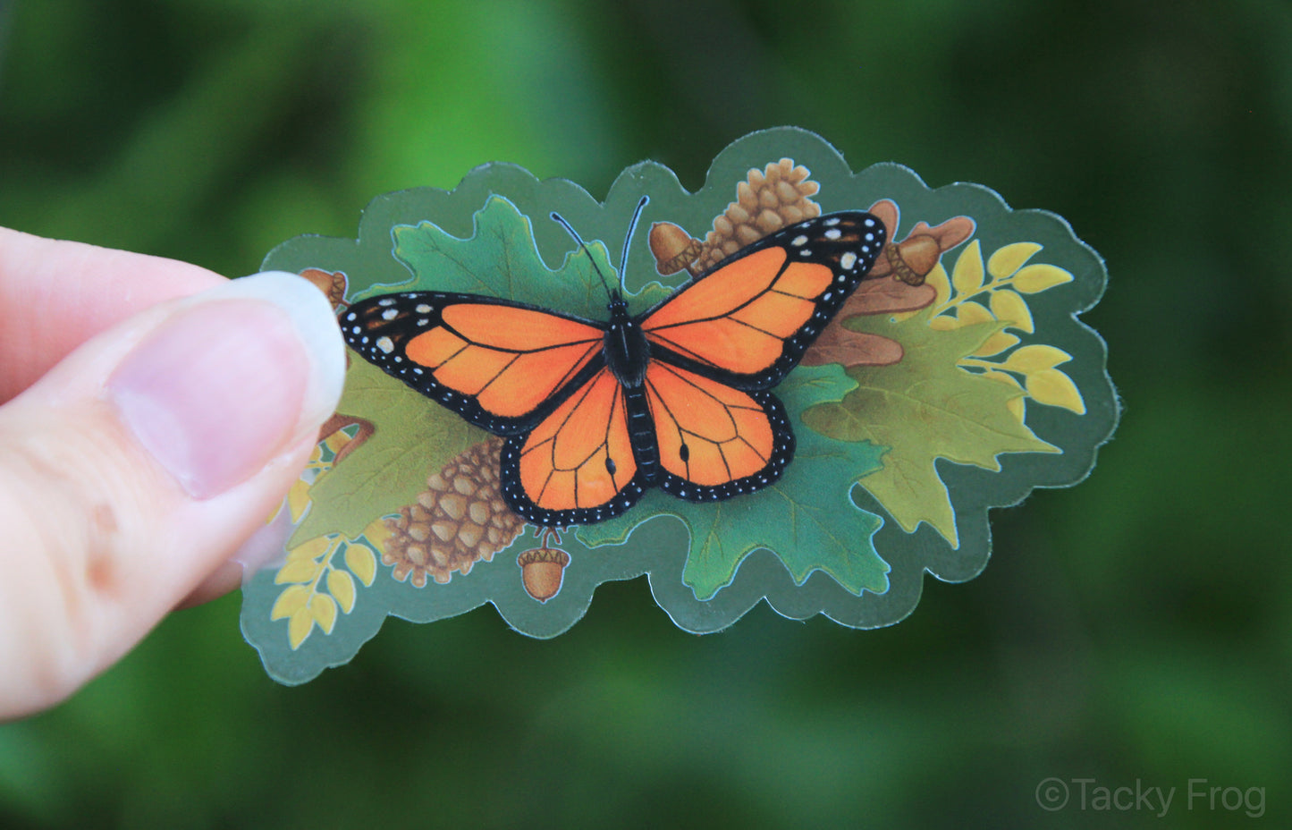 Another view of the autumn monarch clear vinyl sticker.