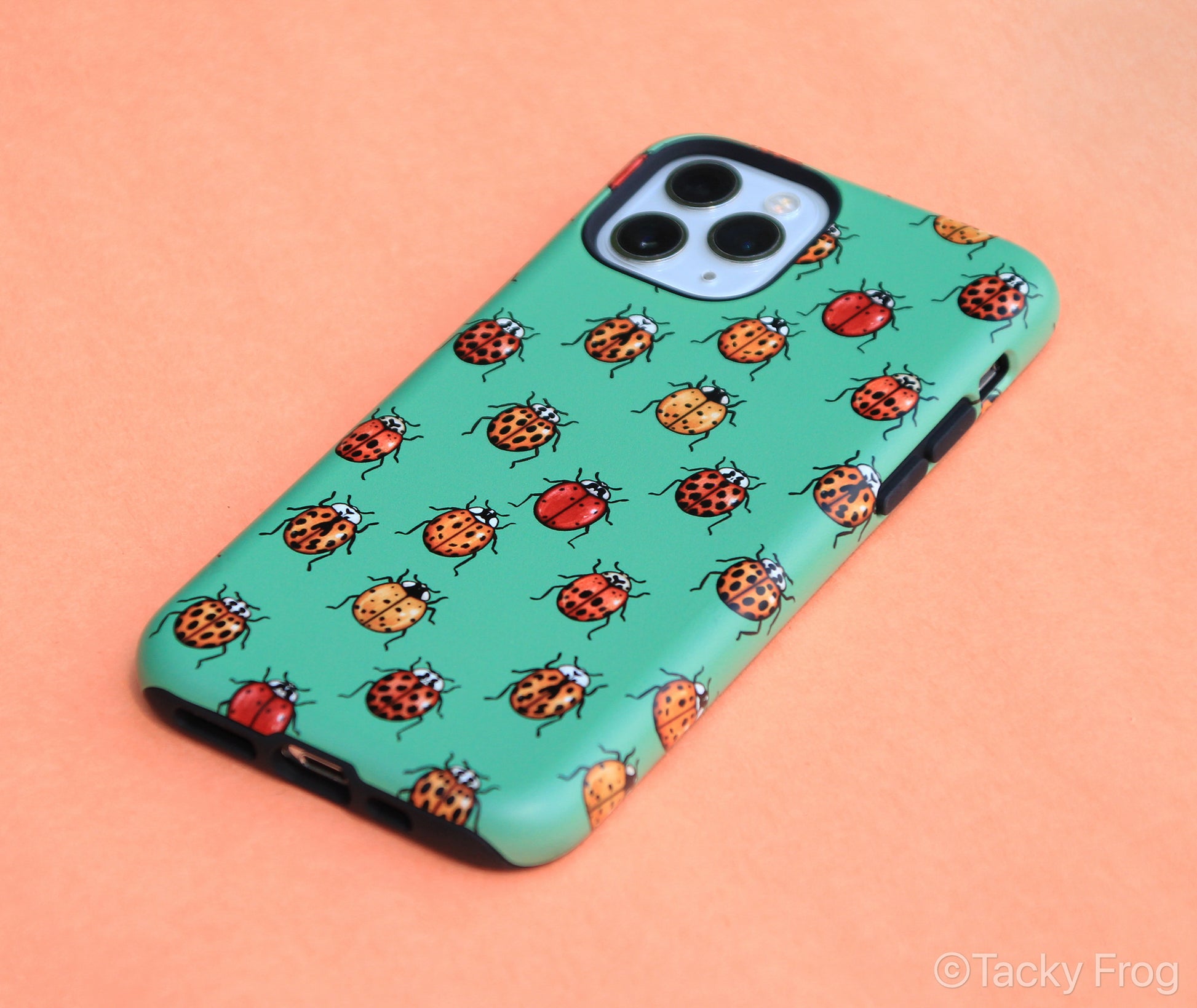 A view of the ladybug phone case from an angle.