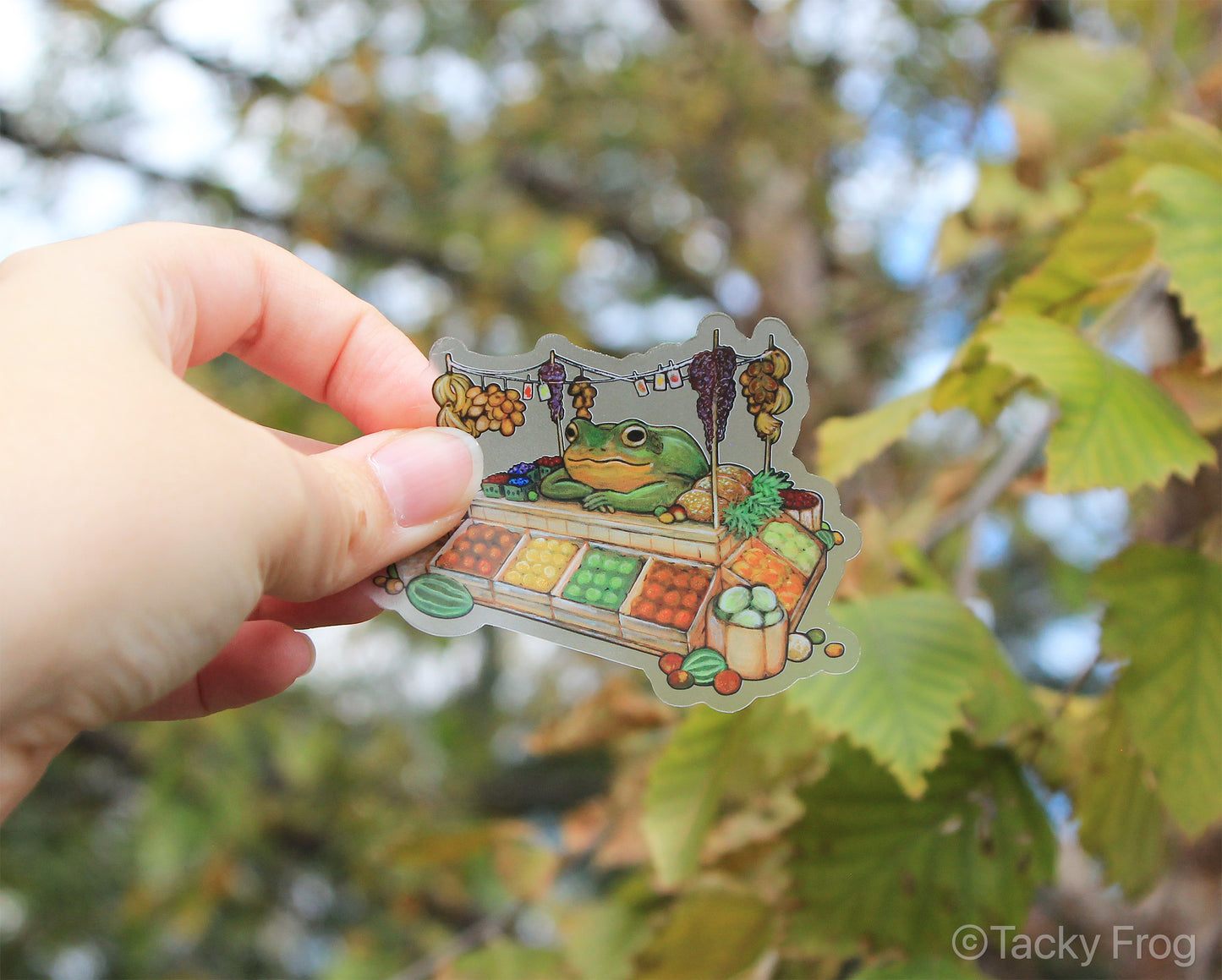 A clear vinyl sticker of a fruit vendor frog held up in front of a tree.