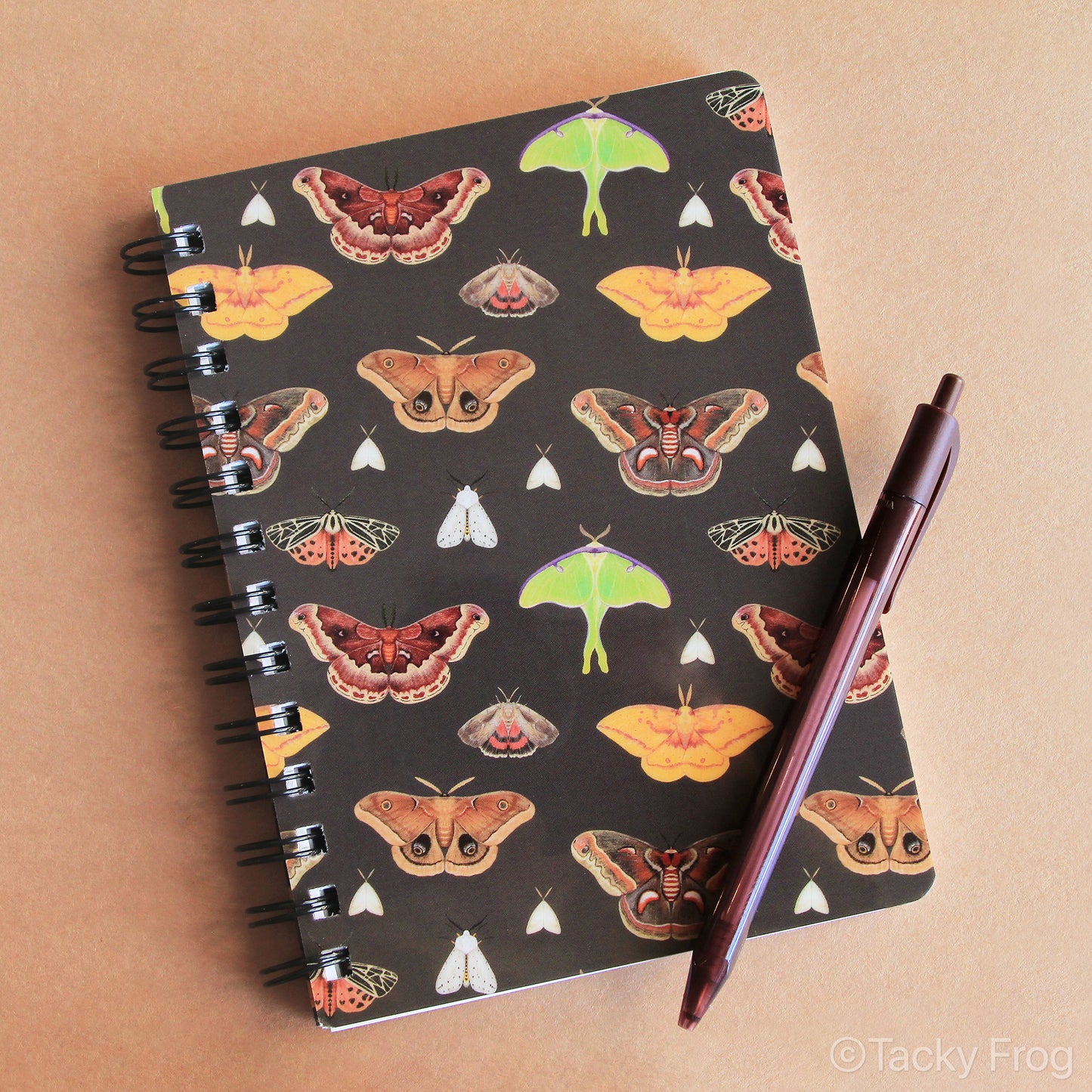 A 5 x 7 inch spiral bound laminated journal with various moths on the cover.