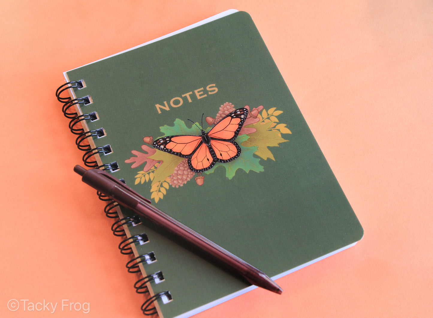 Another angle of the monarch butterfly and autumn leaves notebook. The pen is not included.