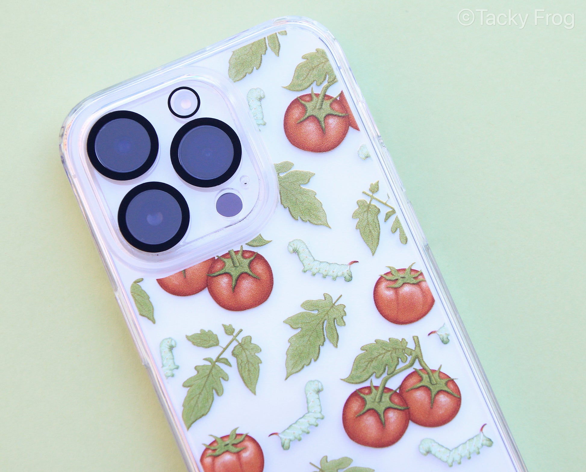 A closeup of the details on the tomato hornworm clear phone case.