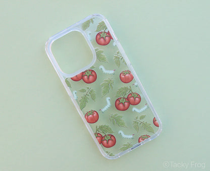 The clear tomato hornworm phone case shown on its own.