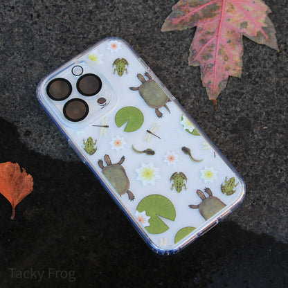 A clear phone case featuring pattern that depicts wildlife that can be found in freshwater ponds. The camera cover is not included.