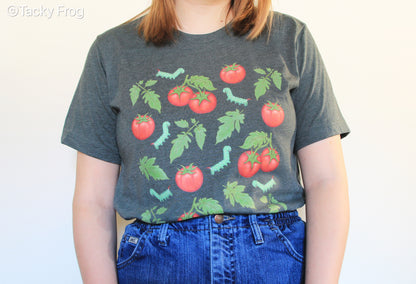 Another view of the tomato hornworm caterpillar shirt.