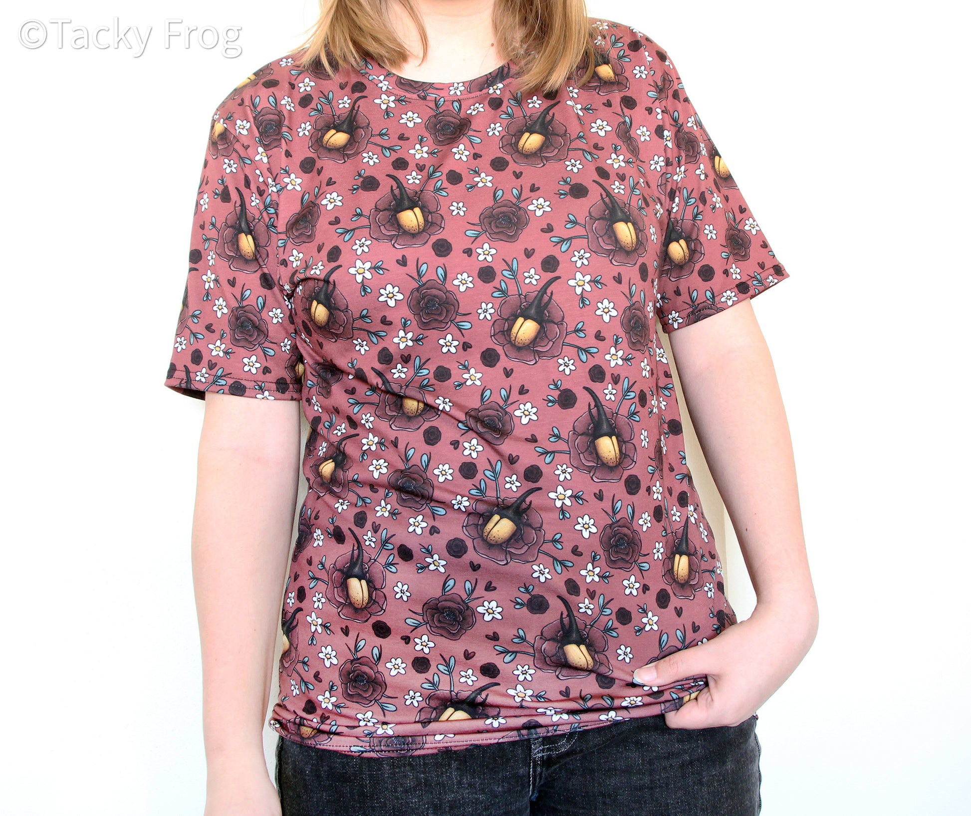 A full view of the Hercules beetle and florals unisex t-shirt.