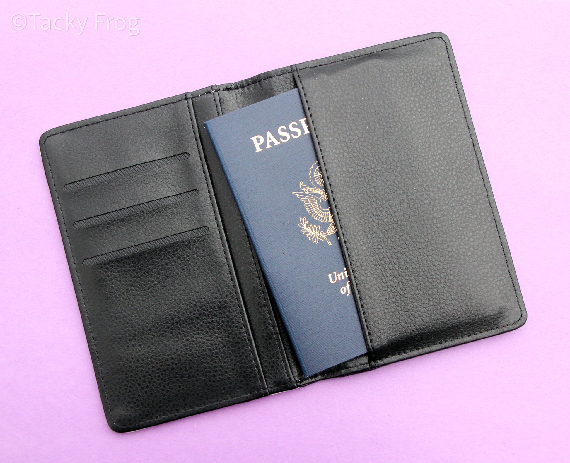 Showing the interior of the passport wallet with the passport peeking out of its pocket.