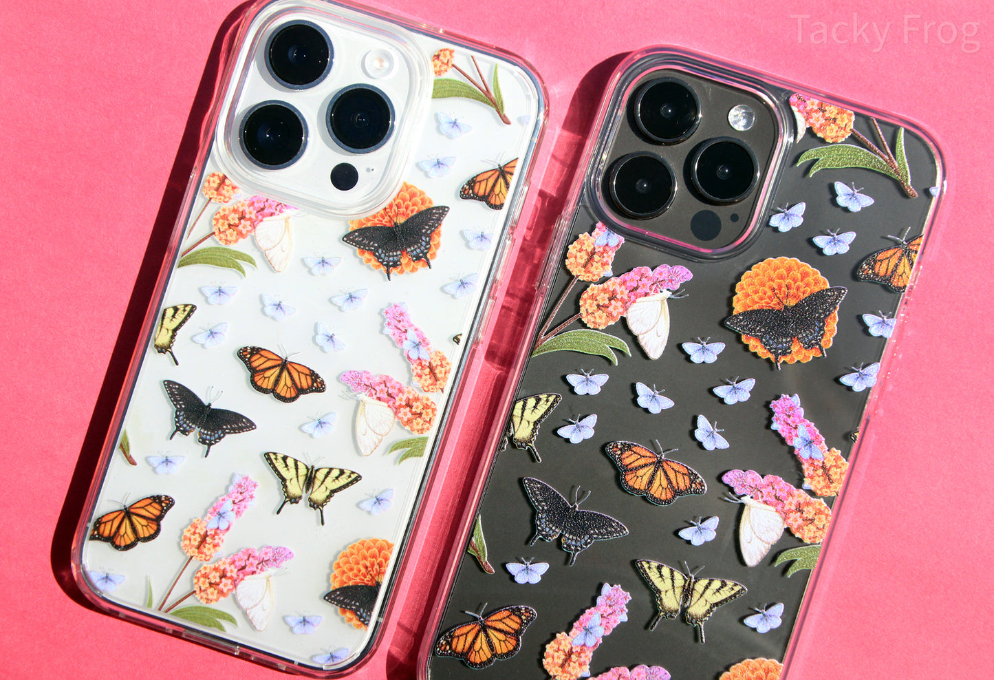 A closeup of the butterfly garden case on two different colored phones. The case looks better on darker colored phones, but it still looks nice on lighter phones too.