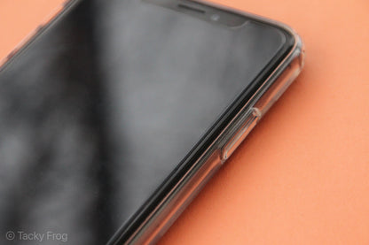 A clear phone case shown on an iPhone. The screen side is up.