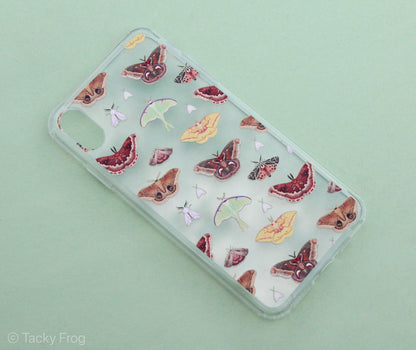 A clear phone case featuring a repeating pattern of various moths.