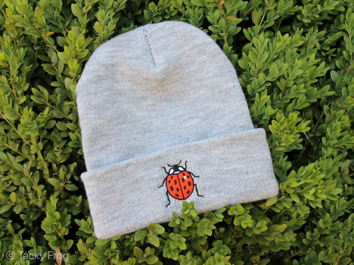 A grey beanie with an embroidered ladybug on it.