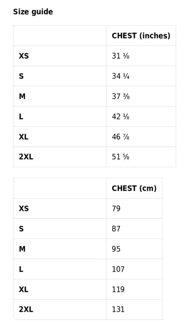 The size guide for the all-over print t-shirt, which can also be found in the product description.