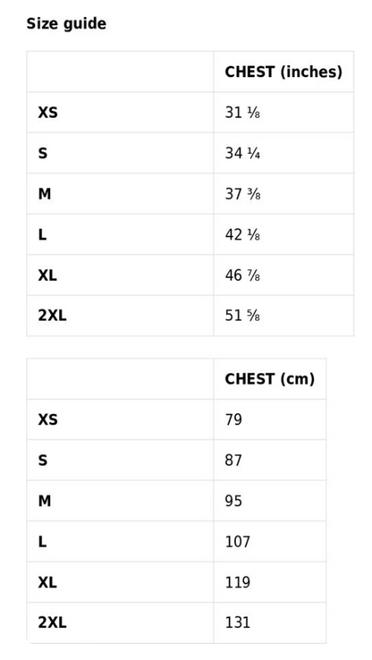 The size guide for the all-over print t-shirt, which can also be found in the product description.