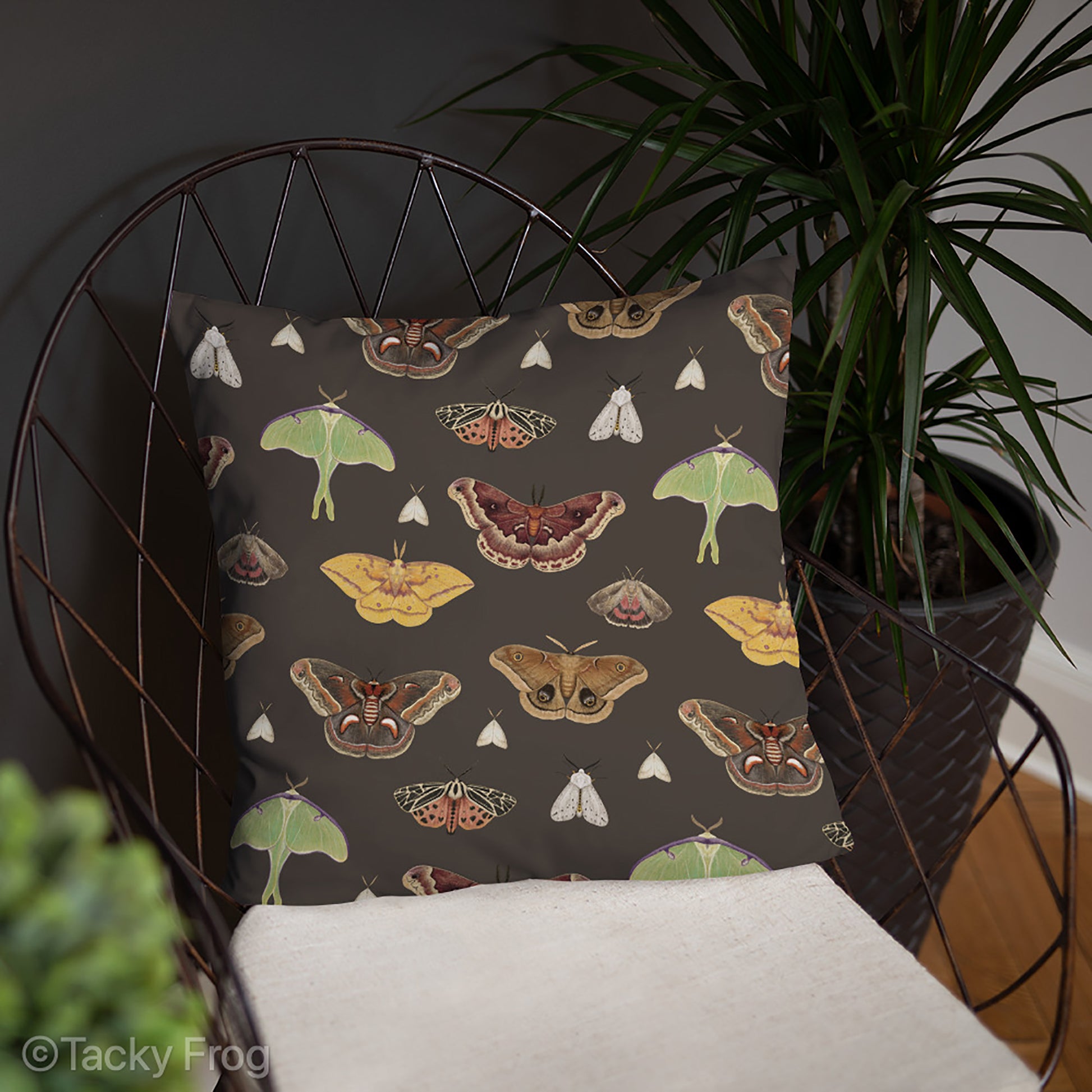 A mockup of the 18 x 18 inch moth pillow.