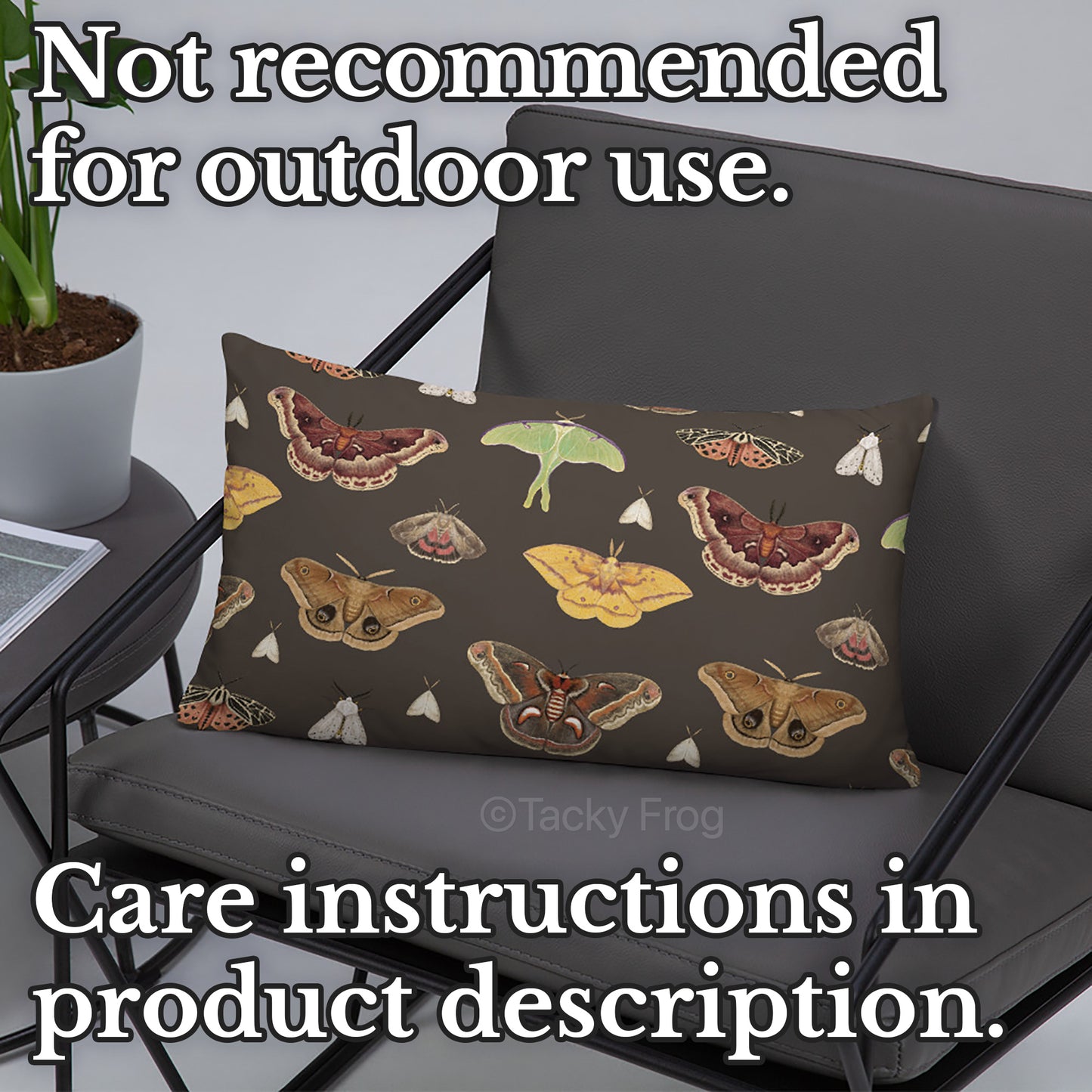 A mockup of the moth pattern pillow on a chair. The text states that the pillow is not recommended for outdoor use and that care instructions can be found in the product description.