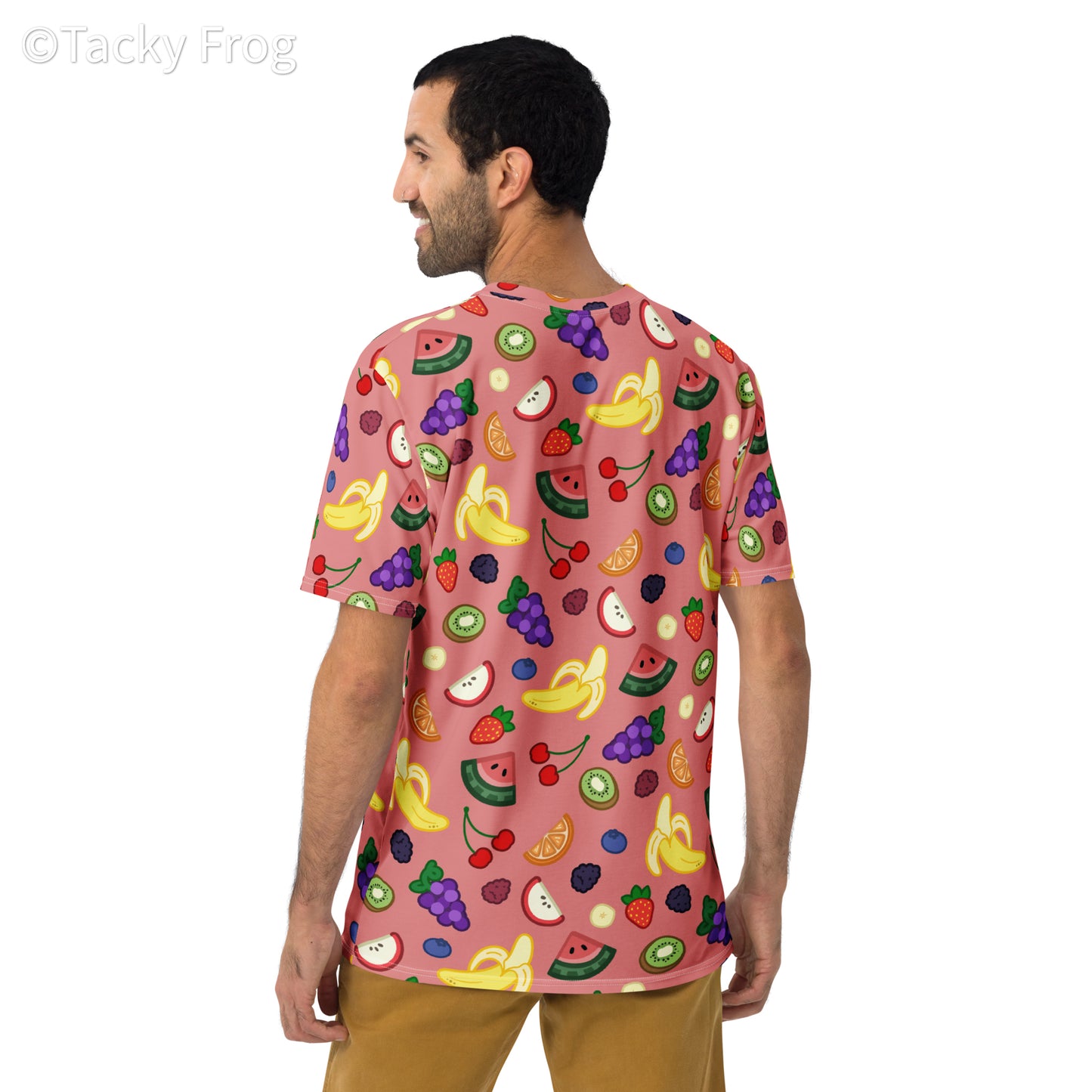 A mockup of the fruit salad t-shirt that shows the back of the shirt.