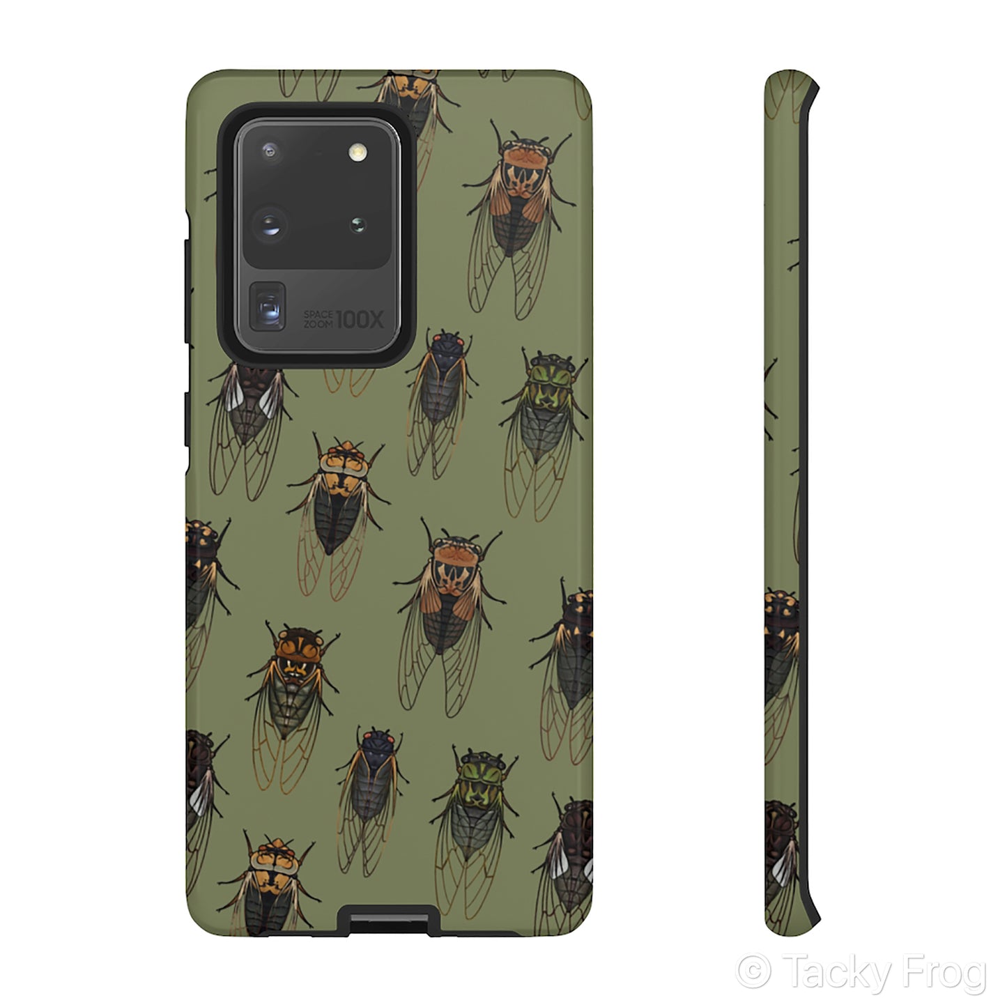 A mockup of a green phone case with a cicada pattern on it.